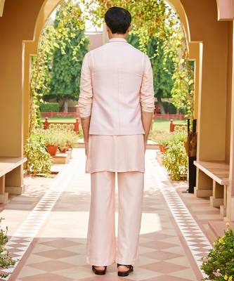 pink raw silk kurta set with embroidered nehru jacket 2