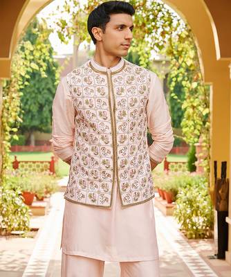 pink raw silk kurta set with embroidered nehru jacket 3