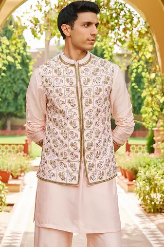 pink raw silk kurta set with embroidered nehru jacket