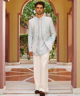 blue silk kurta jacket set with embroidery work 1