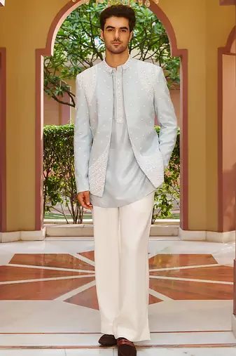blue silk kurta jacket set with embroidery work
