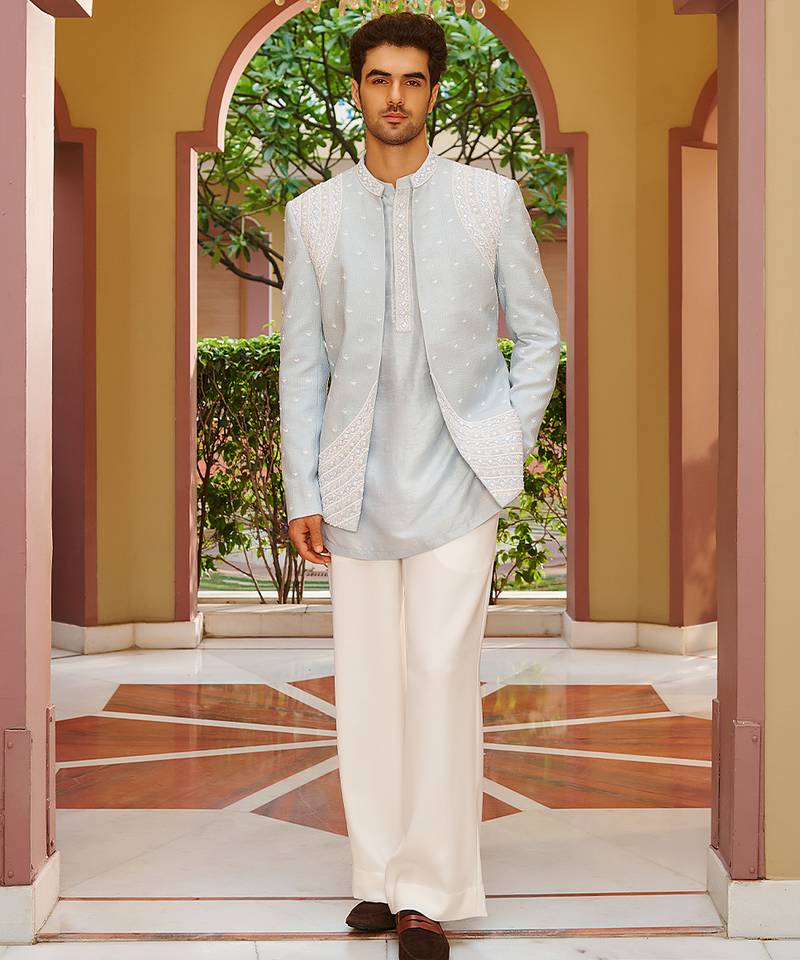 blue silk kurta jacket set with embroidery work