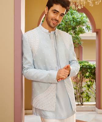 blue silk kurta jacket set with embroidery work 3