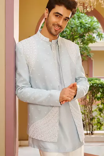 blue silk kurta jacket set with embroidery work