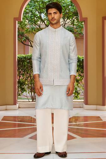 blue silk kurta nehru jacket set with white embroidery