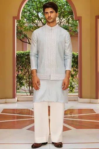 blue silk kurta nehru jacket set with white embroidery