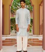 blue silk kurta nehru jacket set with white embroidery