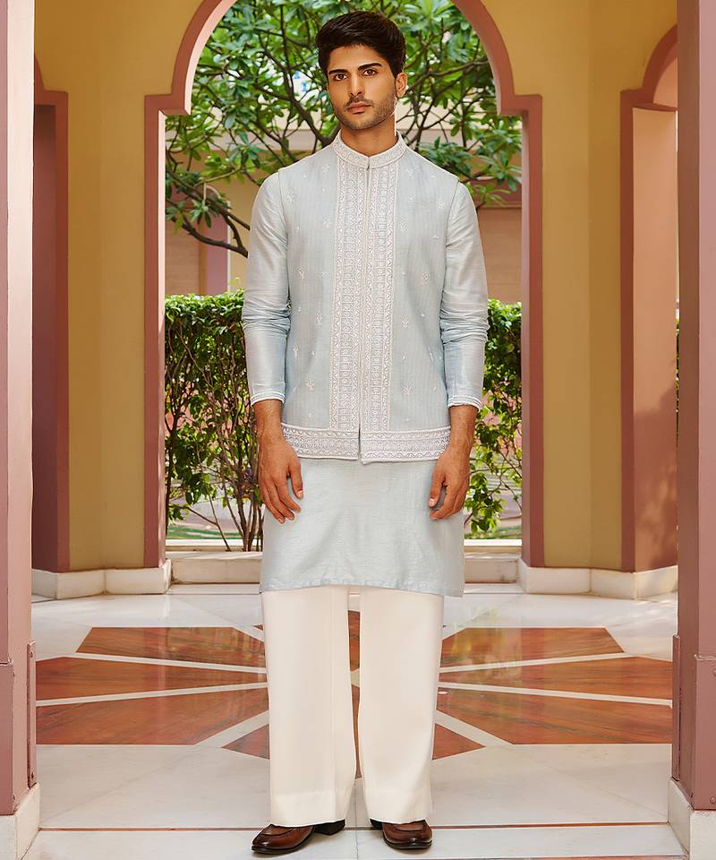 blue silk kurta nehru jacket set with white embroidery