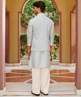 blue silk kurta nehru jacket set with white embroidery 2