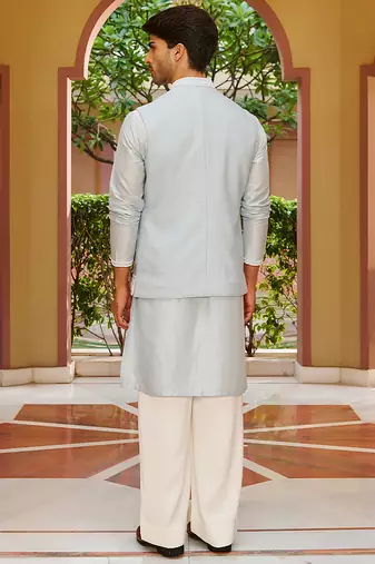 blue silk kurta nehru jacket set with white embroidery