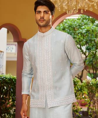 blue silk kurta nehru jacket set with white embroidery 3