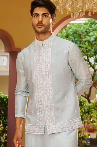 blue silk kurta nehru jacket set with white embroidery