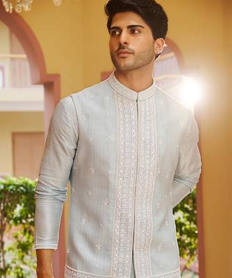 blue silk kurta nehru jacket set with white embroidery 4