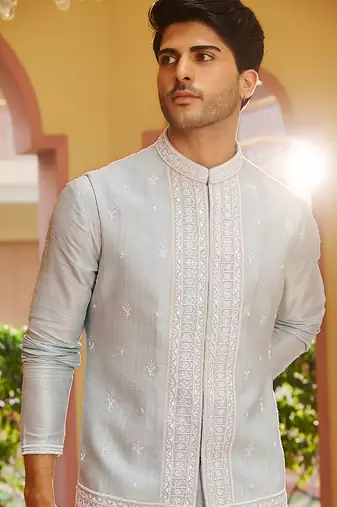 blue silk kurta nehru jacket set with white embroidery