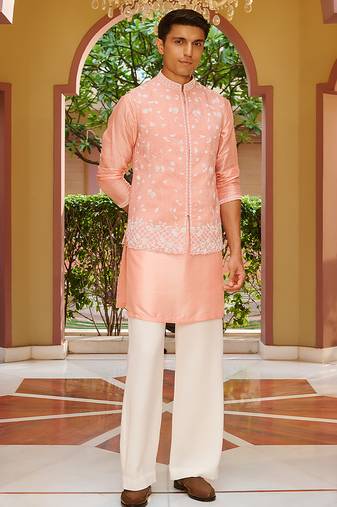pink raw silk kurta nehru set with floral embroidery
