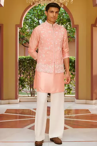 pink raw silk kurta nehru set with floral embroidery