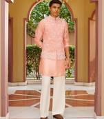 pink raw silk kurta nehru set with floral embroidery