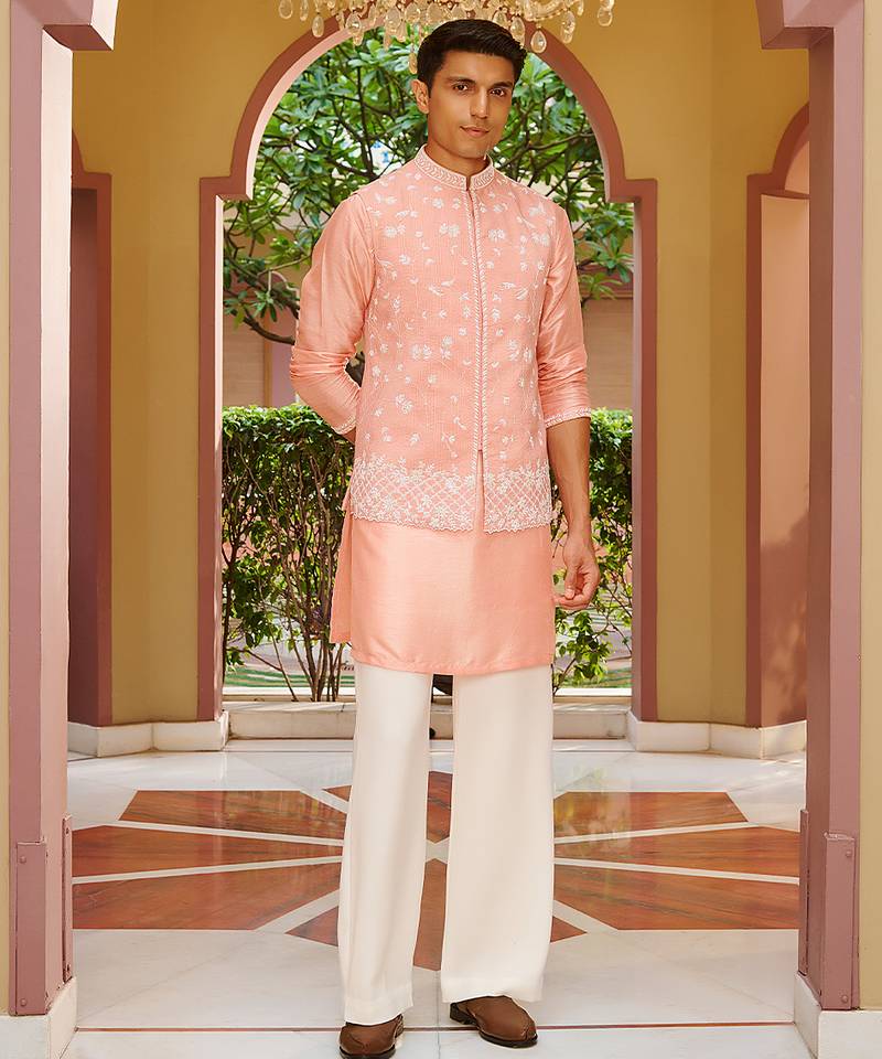 pink raw silk kurta nehru set with floral embroidery