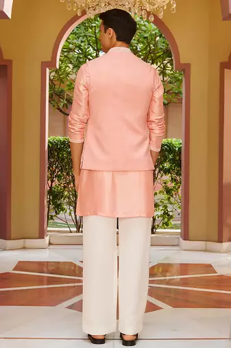 pink raw silk kurta nehru set with floral embroidery