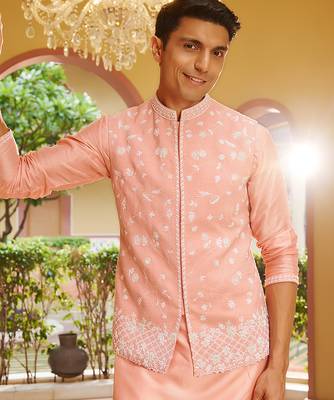 pink raw silk kurta nehru set with floral embroidery 3