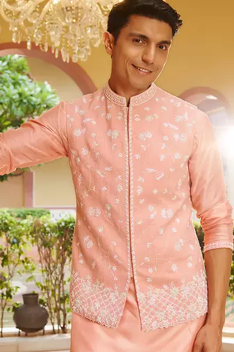 pink raw silk kurta nehru set with floral embroidery
