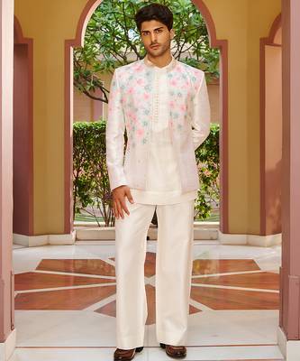 off white raw silk kurta jacket set with floral embroidery 1
