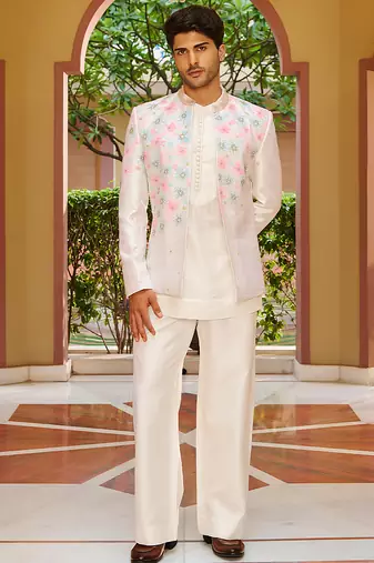 off white raw silk kurta jacket set with floral embroidery