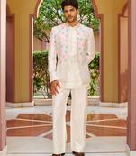 off white raw silk kurta jacket set with floral embroidery