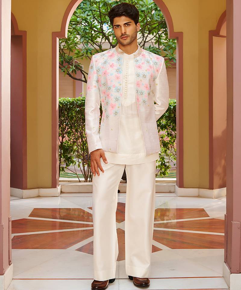 off white raw silk kurta jacket set with floral embroidery