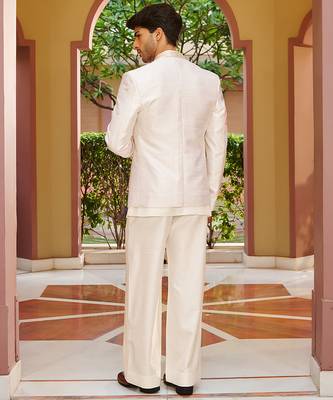 off white raw silk kurta jacket set with floral embroidery 2