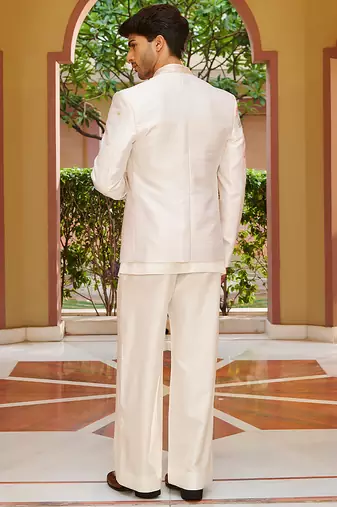 off white raw silk kurta jacket set with floral embroidery