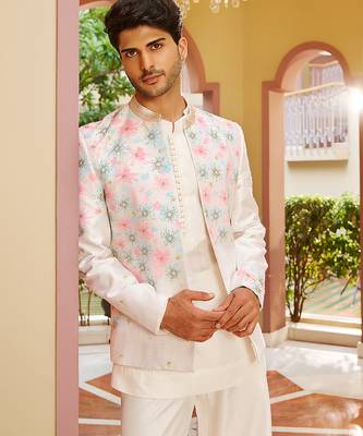 off white raw silk kurta jacket set with floral embroidery 3