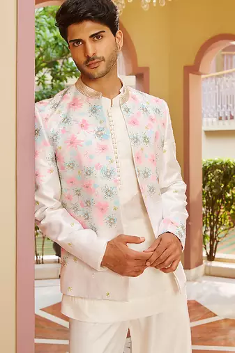 off white raw silk kurta jacket set with floral embroidery