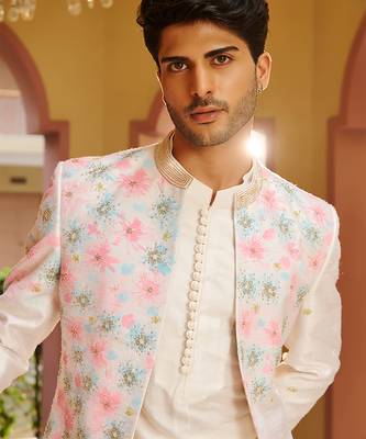 off white raw silk kurta jacket set with floral embroidery 4