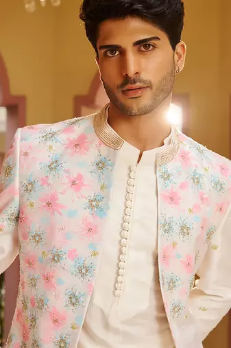 off white raw silk kurta jacket set with floral embroidery