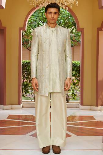 green raw silk kurta jacket set with vertical embroidery