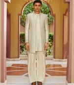 green raw silk kurta jacket set with vertical embroidery
