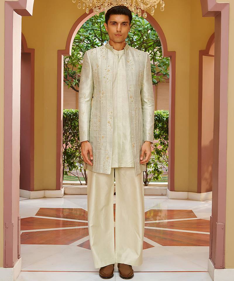 green raw silk kurta jacket set with vertical embroidery