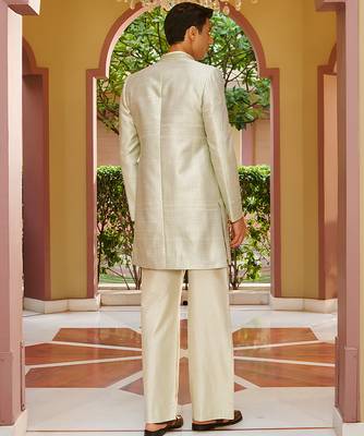 green raw silk kurta jacket set with vertical embroidery 2