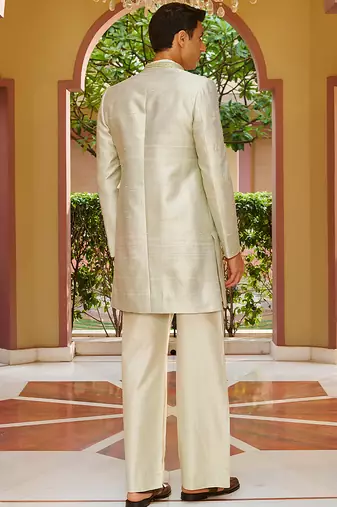 green raw silk kurta jacket set with vertical embroidery