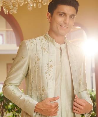 green raw silk kurta jacket set with vertical embroidery 3
