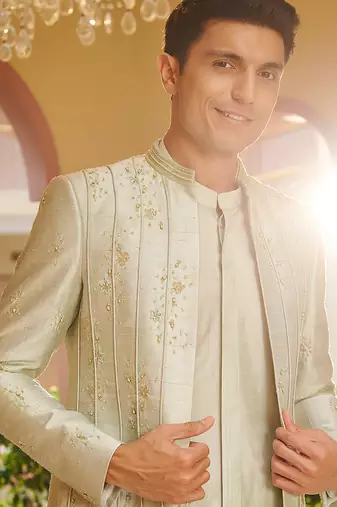 green raw silk kurta jacket set with vertical embroidery