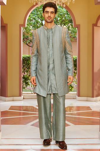 green jacquard kurta jacket set with gold embroidery