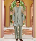 green jacquard kurta jacket set with gold embroidery