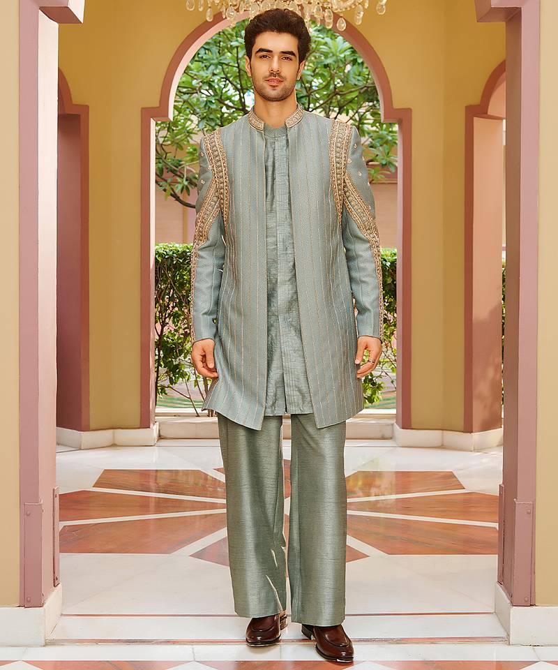 green jacquard kurta jacket set with gold embroidery