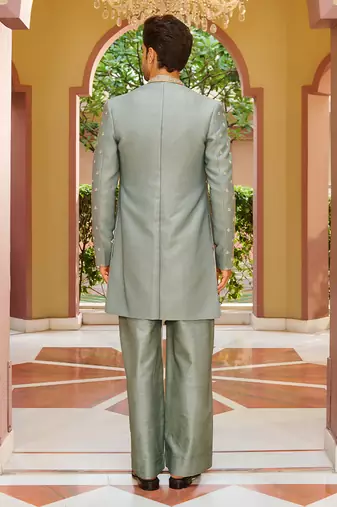 green jacquard kurta jacket set with gold embroidery
