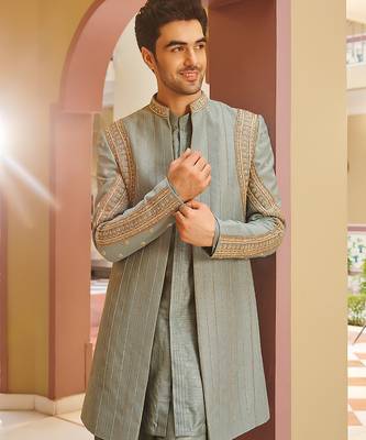 green jacquard kurta jacket set with gold embroidery 3