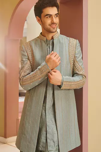 green jacquard kurta jacket set with gold embroidery