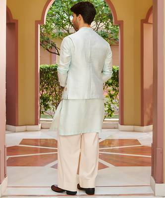 blue raw silk kurta nehru jacket set with floral embroidery 2