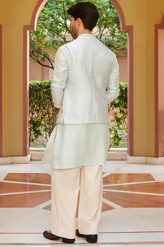 blue raw silk kurta nehru jacket set with floral embroidery